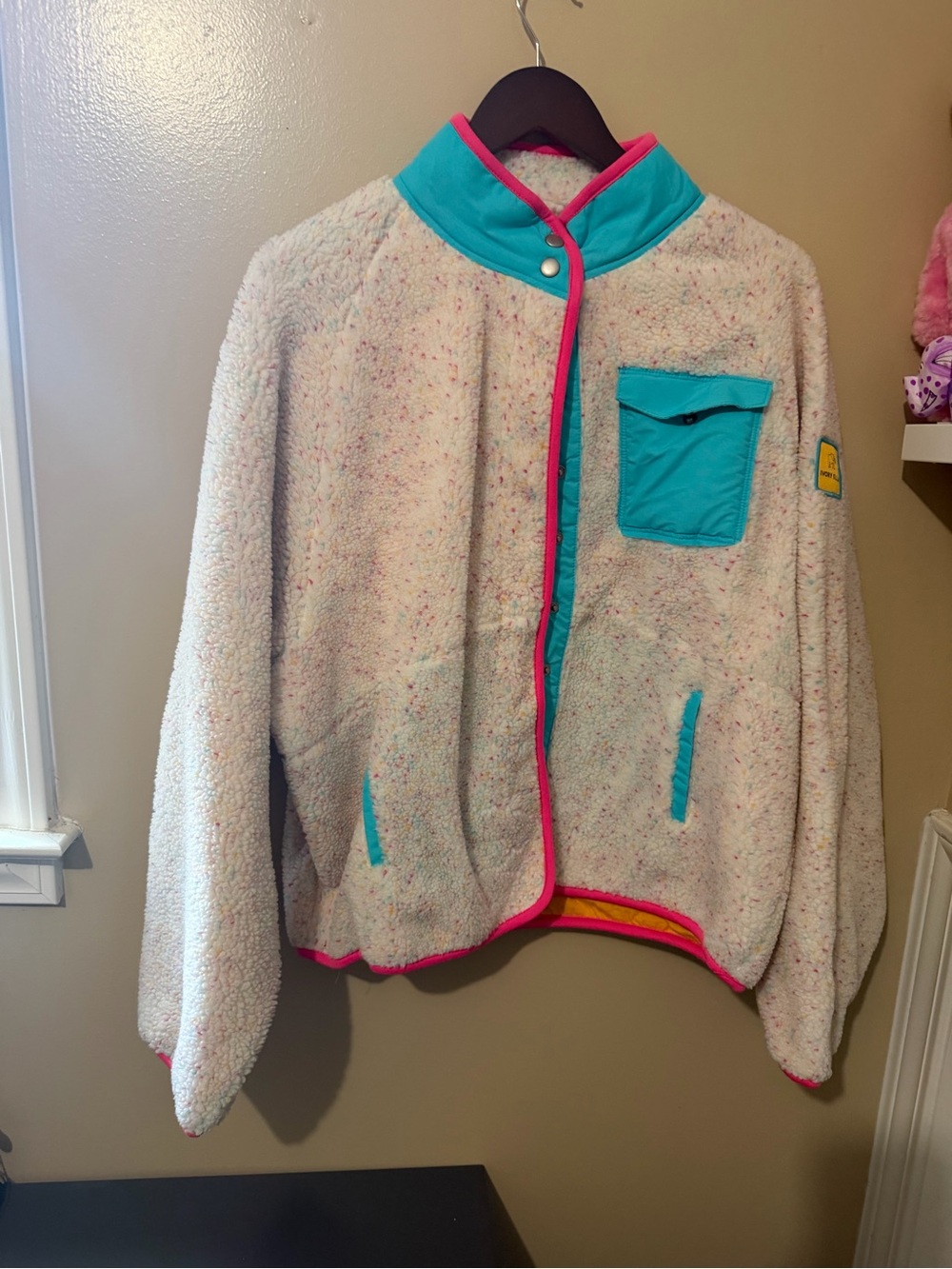 ivory ella Cream Sherpa Jacket with Teal and Hot Pink Trim
